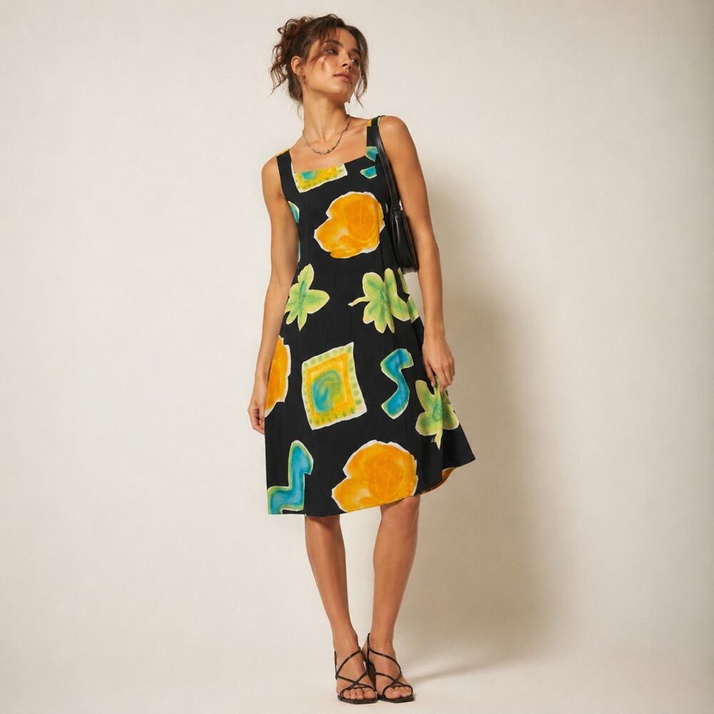 Vintage 90s Jeffrey & Dana Dress Black Abstract Print Sz 6 Artsy Gallery Style